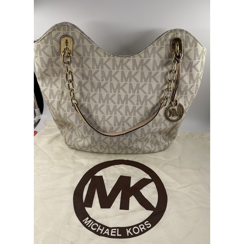 Michael Kors Vanilla White Canvas / Leather Signature Monogram Tote